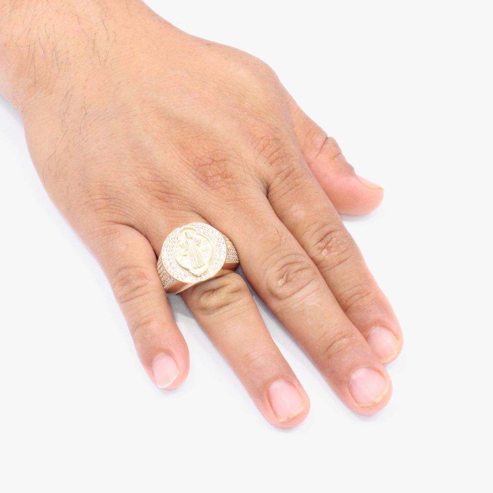 Anillo de Oro 14k Hueco con Diseño de San Benito Incrustado de Zirconia mod. 9280