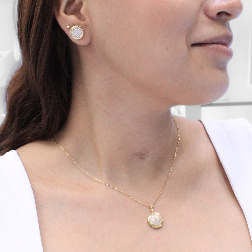 Coordinado de Oro 14k Diseño Circular Hueco con Incrustado de Zirconia en Forma de Trébol mod. 9934