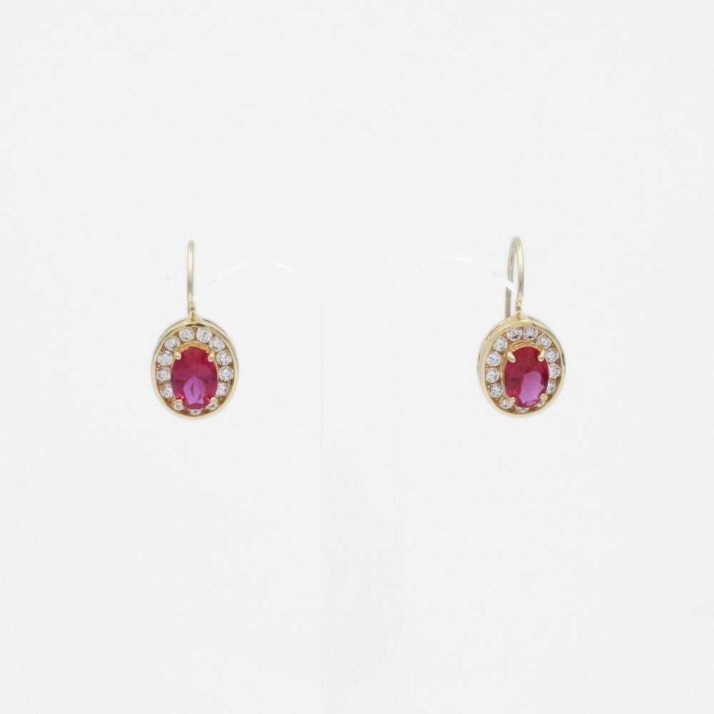 Arete con Broche Arillo de Oro 14k con Diseño Oval con Zirconia Roja Detallada con Zirconias en Bisel mod. 9763