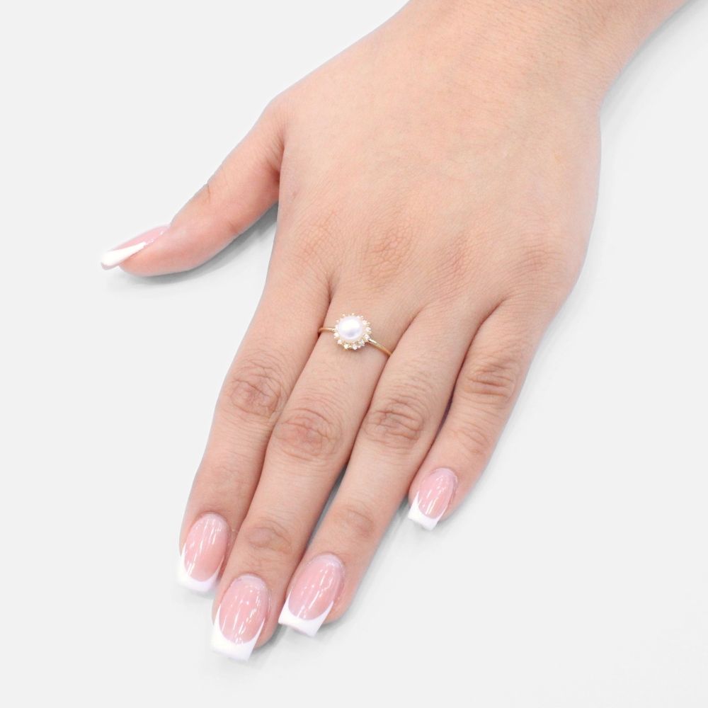 Anillo de Oro 14k Perla Natural con Zirconias Finas y Brillantes mod. 9590