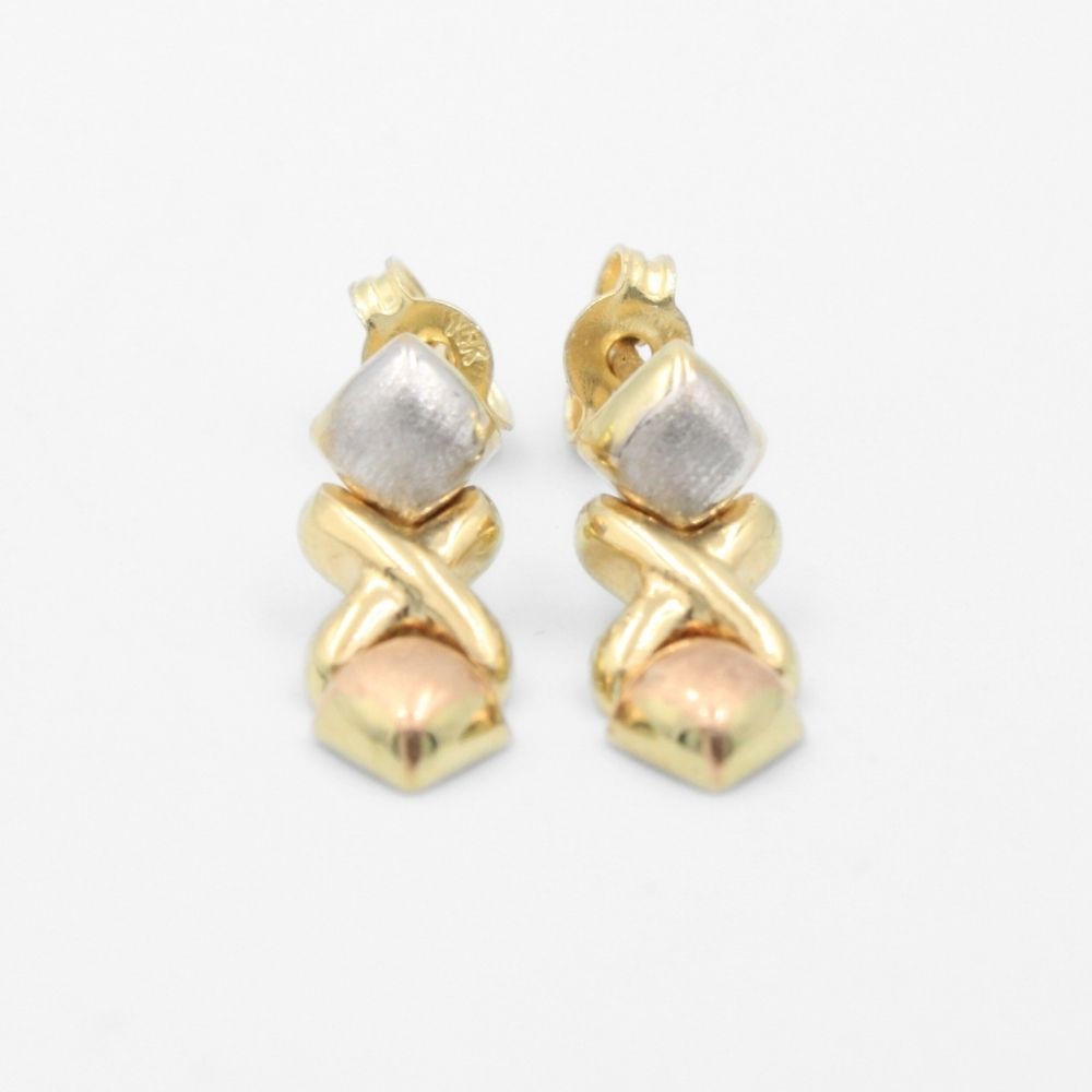 Arete de Oro 14k Diseño XO Hueco de Tonos Mate y Brillantes mod. 8612