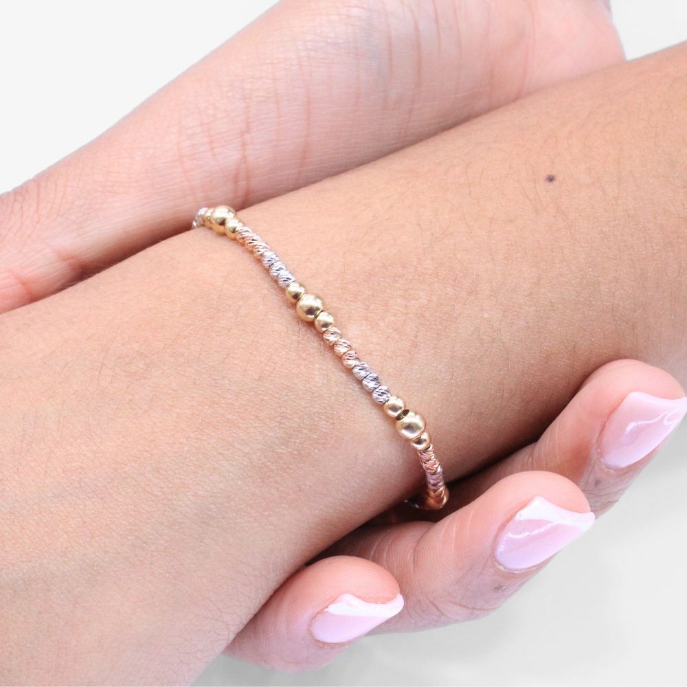 Pulsera de Oro 14k Tejido Elegante de Esferas Huecas Brillantes y Diamantadas mod. 8655