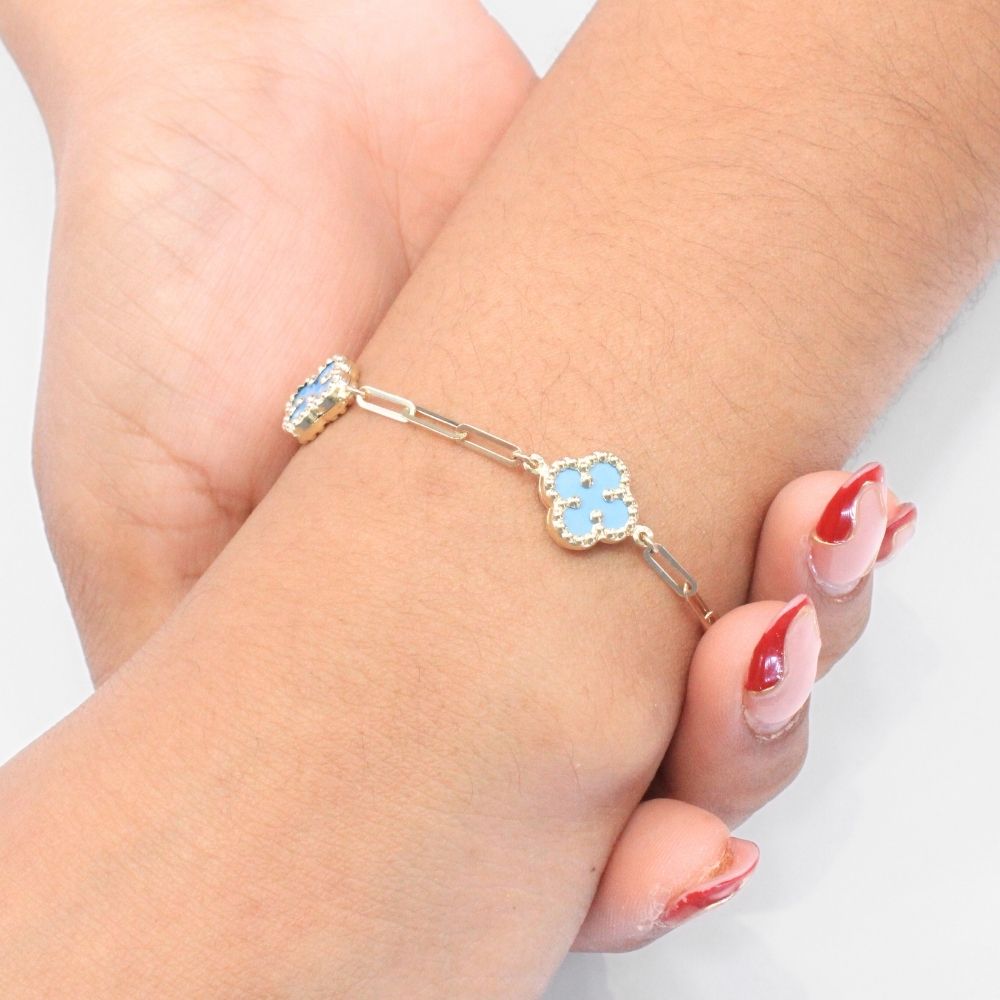 Pulsera de Oro 14k de Tejido Fino Estilo Paperclip con Tréboles de Turquesa mod. 9038