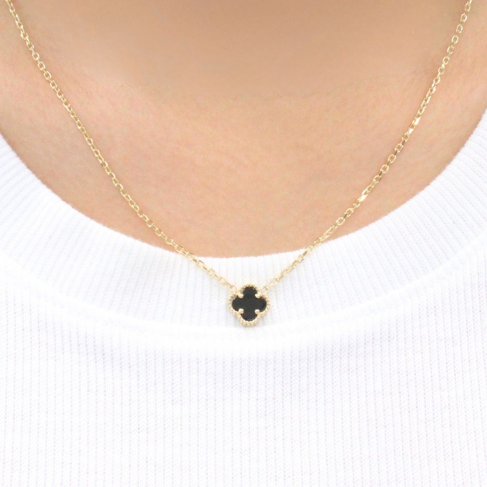 Gargantilla de Oro 14k Trébol Incrustado con Ónix mod. 9569