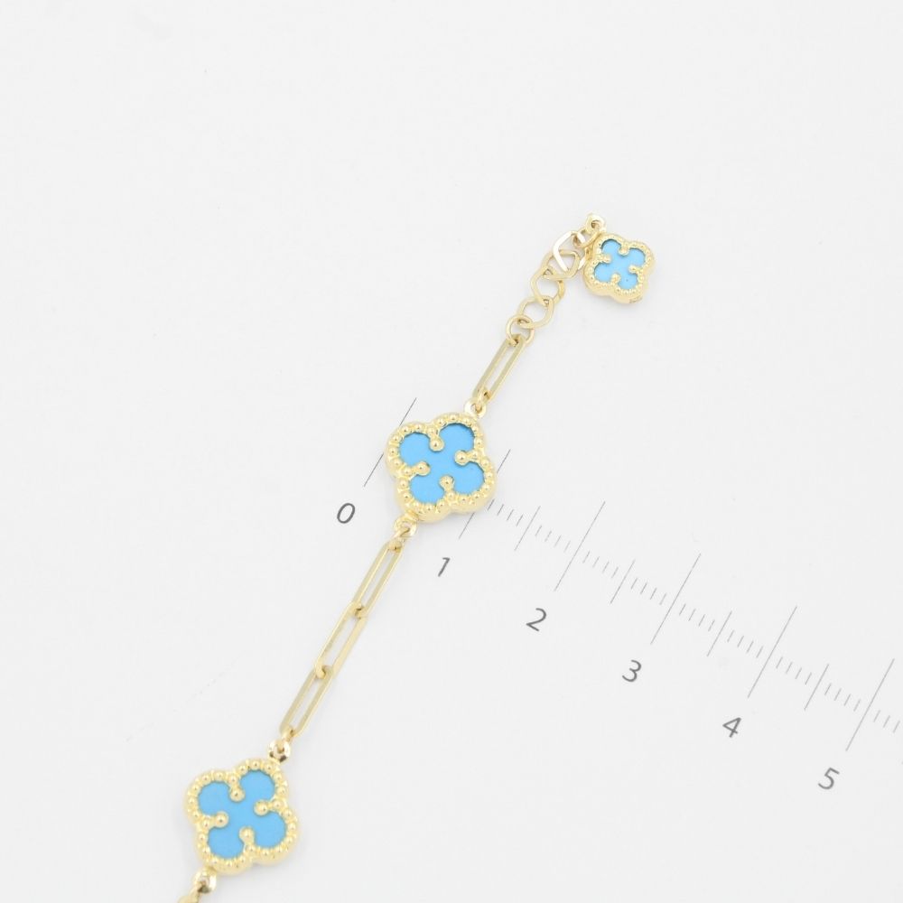 Pulsera de Oro 14k de Tejido Fino Estilo Paperclip con Tréboles de Turquesa mod. 9038