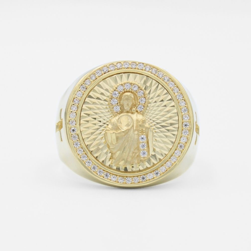 Anillo de Oro 14k Diseño Brillante con Diamantado, Zirconias y Figura de San Judas mod. 9718