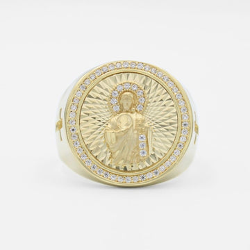 Anillo de Oro 14k Diseño Brillante con Diamantado, Zirconias y Figura de San Judas mod. 9718