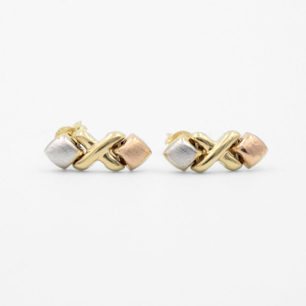 Arete de Oro 14k Diseño XO Hueco de Tonos Mate y Brillantes mod. 8612