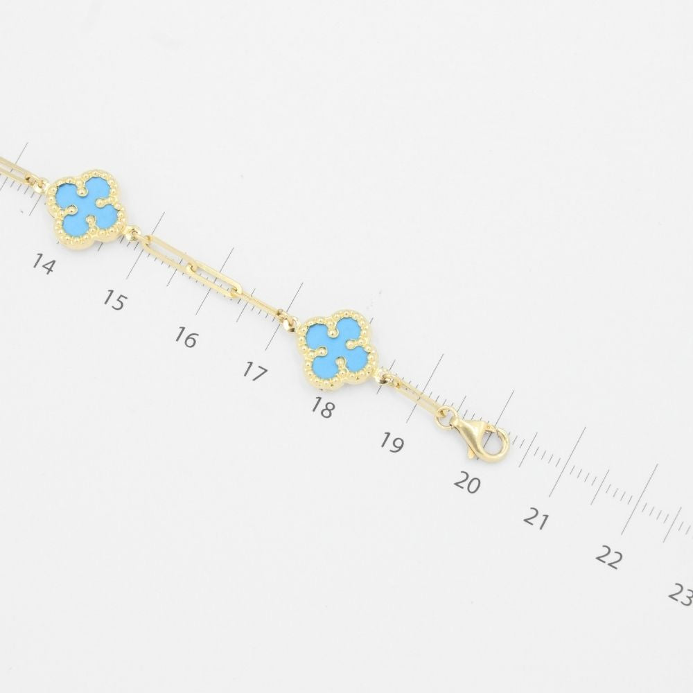 Pulsera de Oro 14k de Tejido Fino Estilo Paperclip con Tréboles de Turquesa mod. 9038