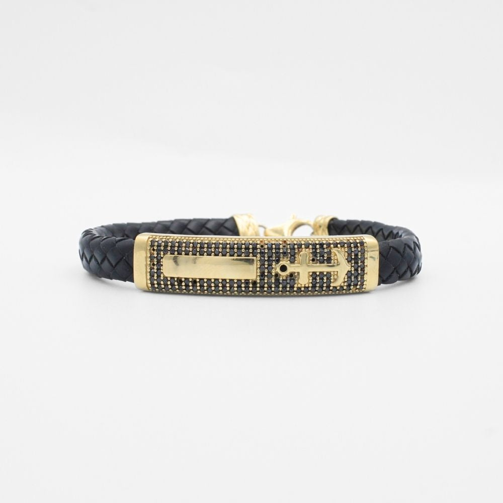 Pulsera con Pieza Brillante de Oro 14k Diseño Marino con Incrustación de Zirconias Oscuras mod. 9879