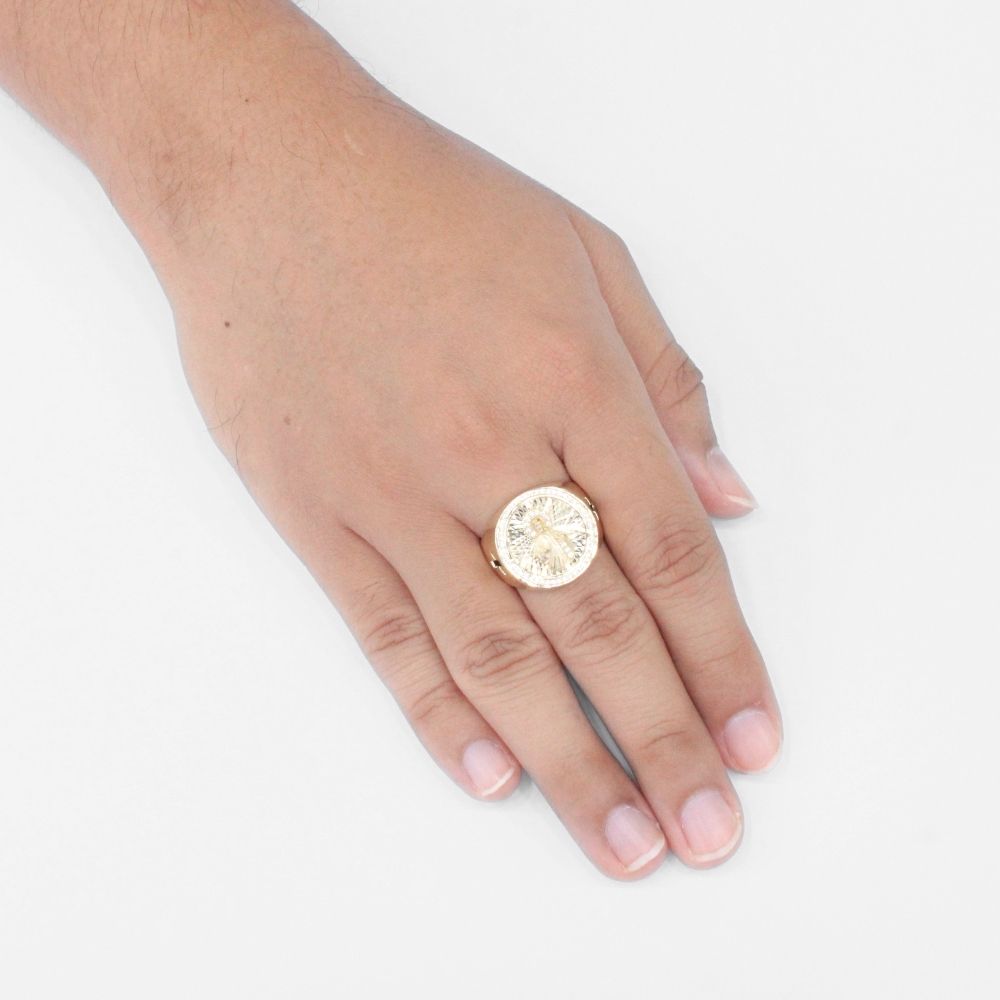 Anillo de Oro 14k Diseño Brillante con Diamantado, Zirconias y Figura de San Judas mod. 9718
