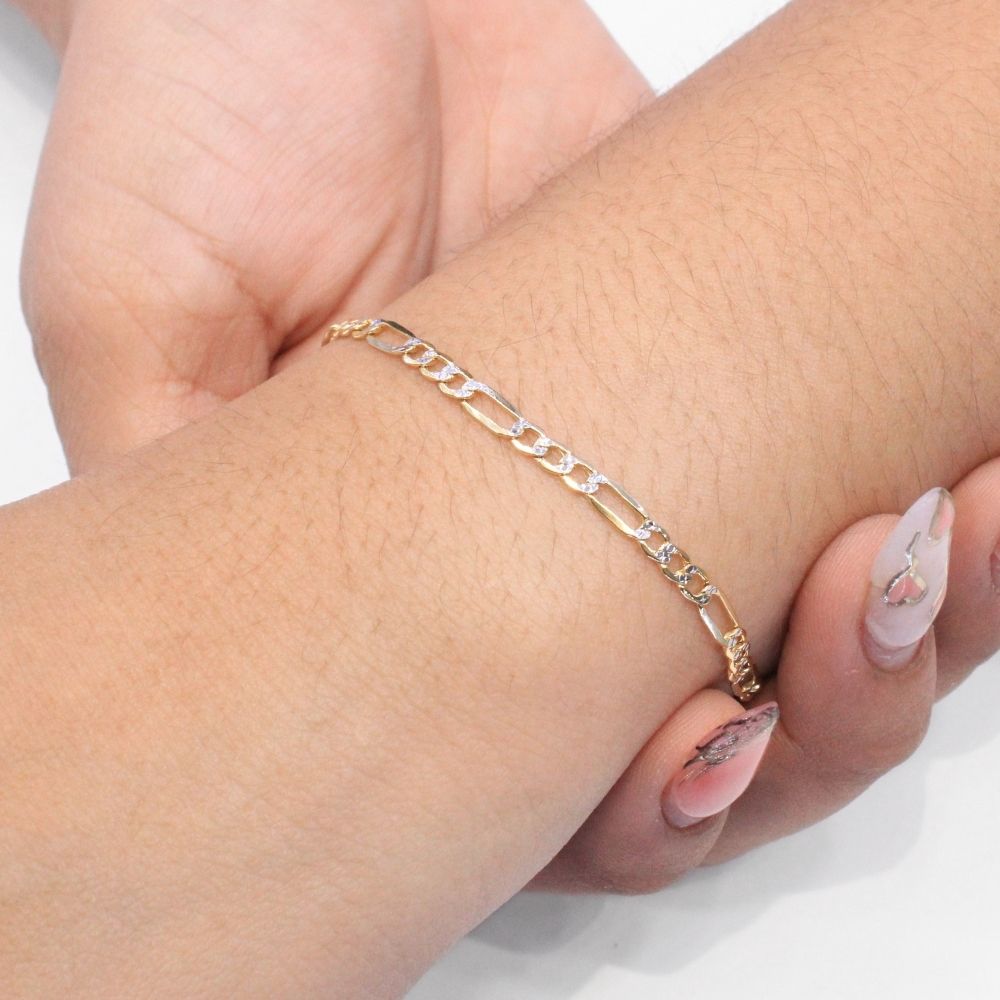 Pulsera Eslabón de Oro 14k Tejido 3x1 Sólida con Diamantado Blanco mod. 8812