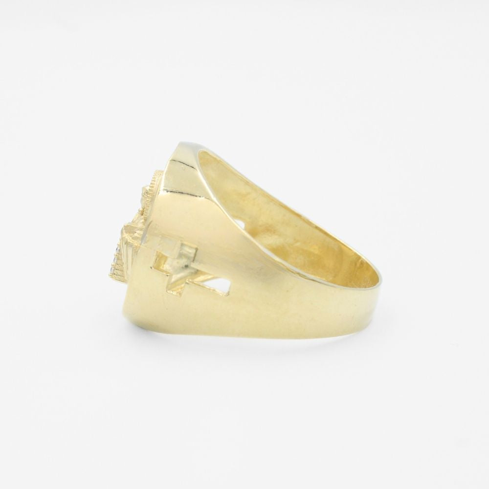 Anillo de Oro 14k Diseño Brillante con Diamantado, Zirconias y Figura de San Judas mod. 9718