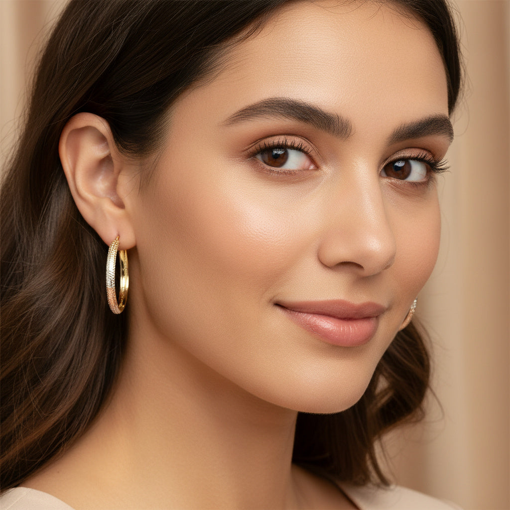 Arracada de Oro 14k Diseño Redondo Hueco con Diamantado Especial mod. 10035