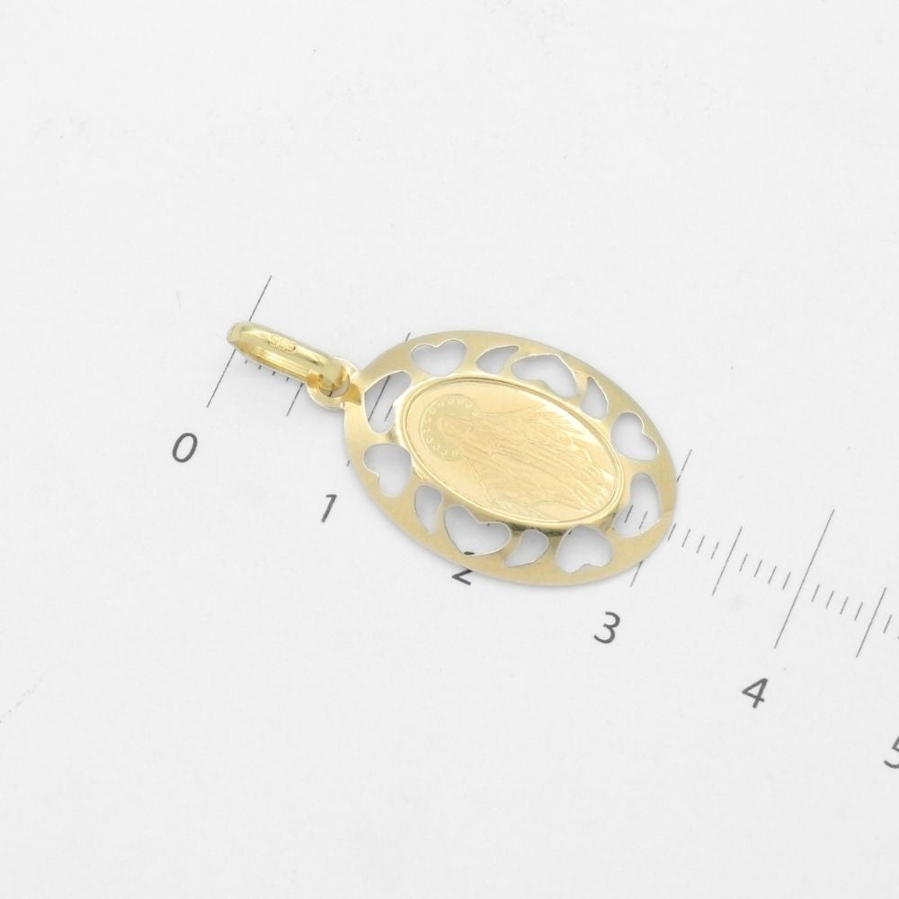 Medalla de Oro 14k de Forma Oval con Diseño Calado de Corazón e Imagen de la Virgen Milagrosa mod. 9852