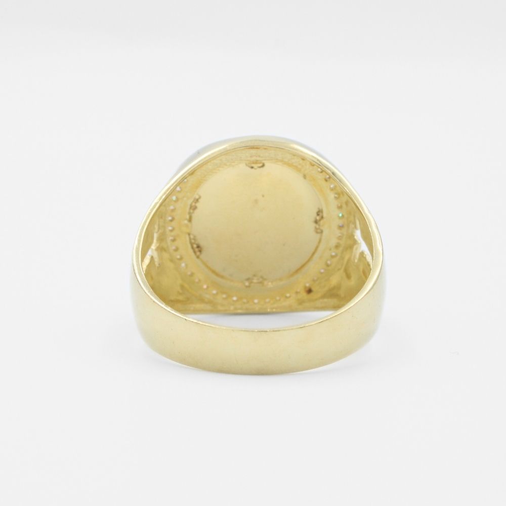 Anillo de Oro 14k Diseño Brillante con Diamantado, Zirconias y Figura de San Judas mod. 9718