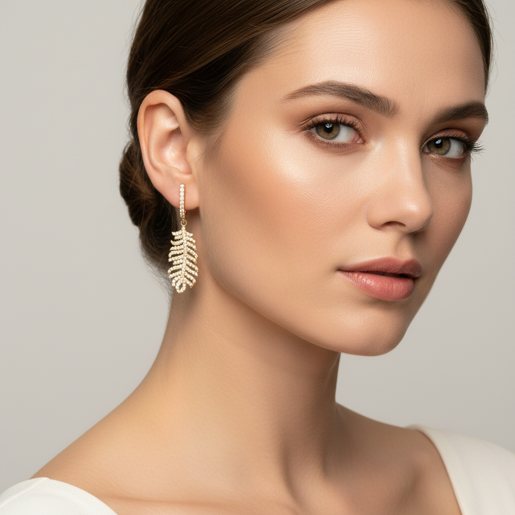 Arete Largo de Oro 14k Diseño de Hoja con Finas Zirconias Incrustadas mod. 10123