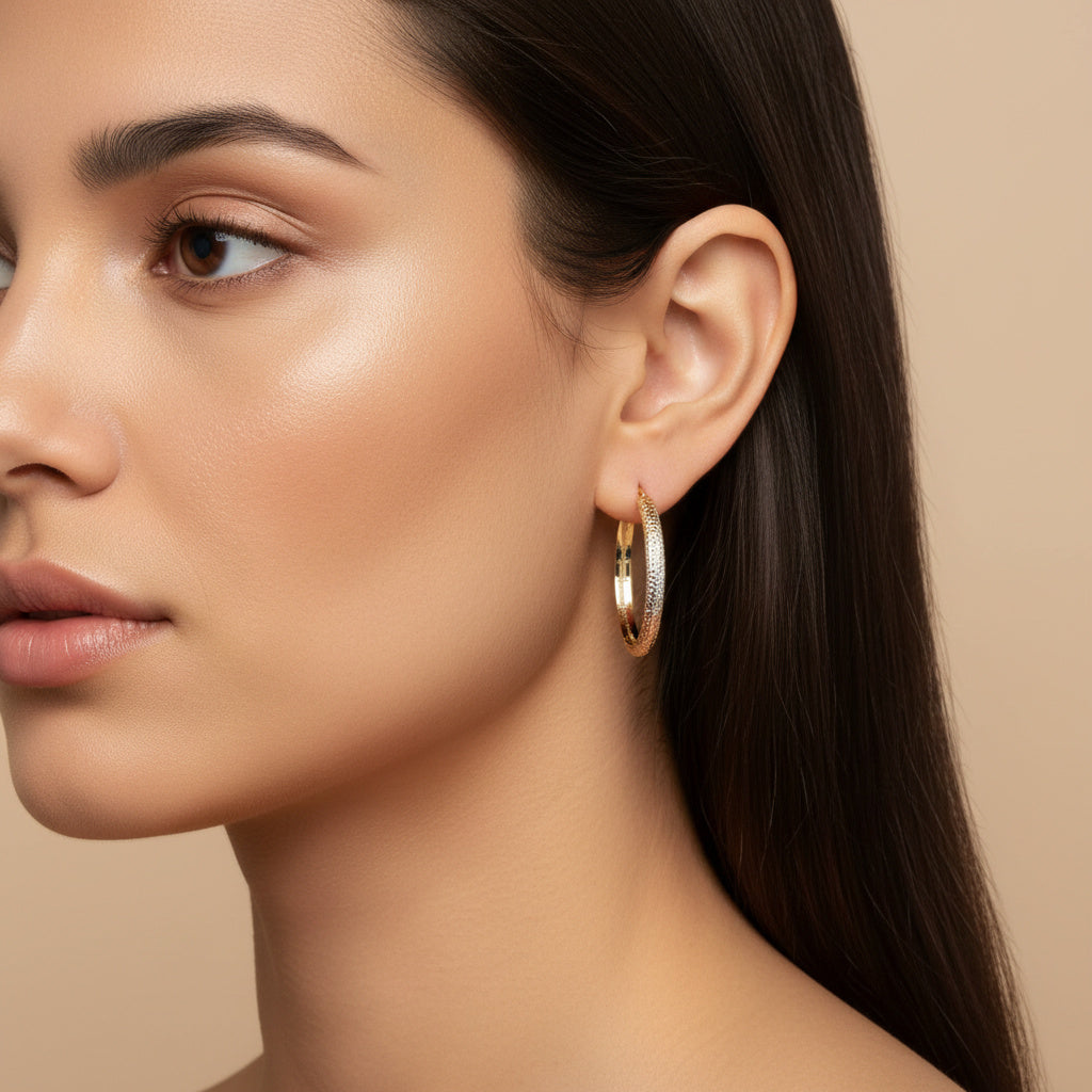 Arracada de Oro 14k Diseño Redondo Hueco con Diamantado Especial mod. 10035