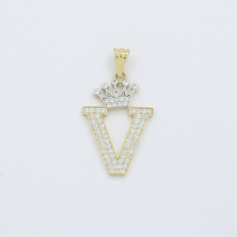 Dije de Oro 14k con Diseño de Inicial V Incrustada con Zirconias mod. 10096