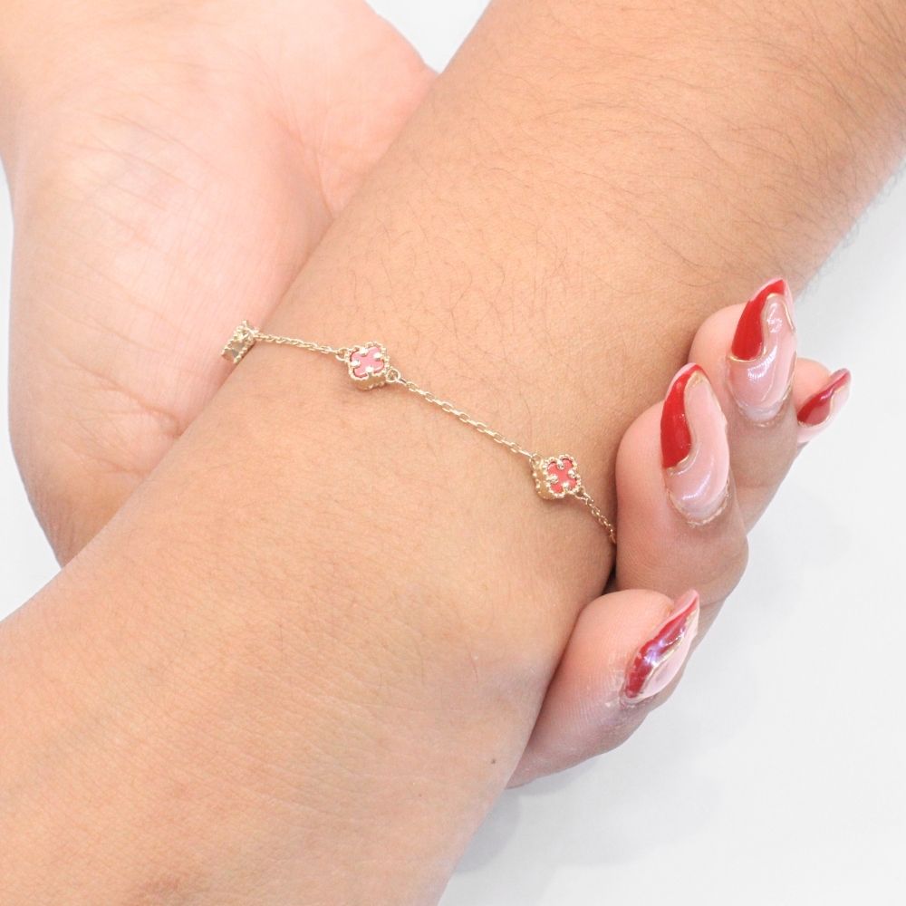 Pulsera de Oro 14k Diseño Fino con Tréboles Pequeños mod. 9039