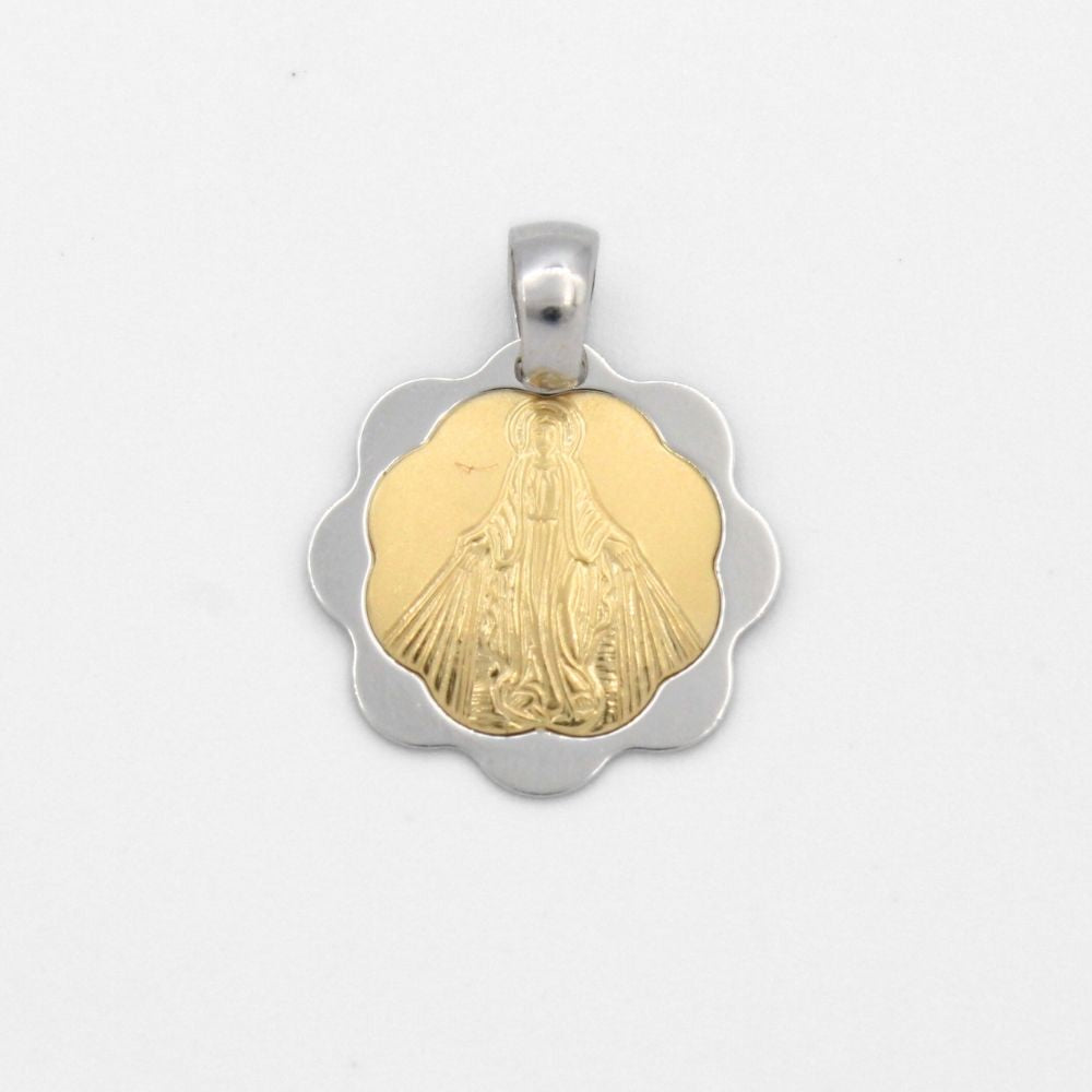Medalla de Oro 14k Diseño de Flor en 2 Colores Brillantes con la Imagen de la Virgen Milagrosa mod. 9853