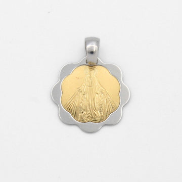 Medalla de Oro 14k Diseño de Flor en 2 Colores Brillantes con la Imagen de la Virgen Milagrosa mod. 9853