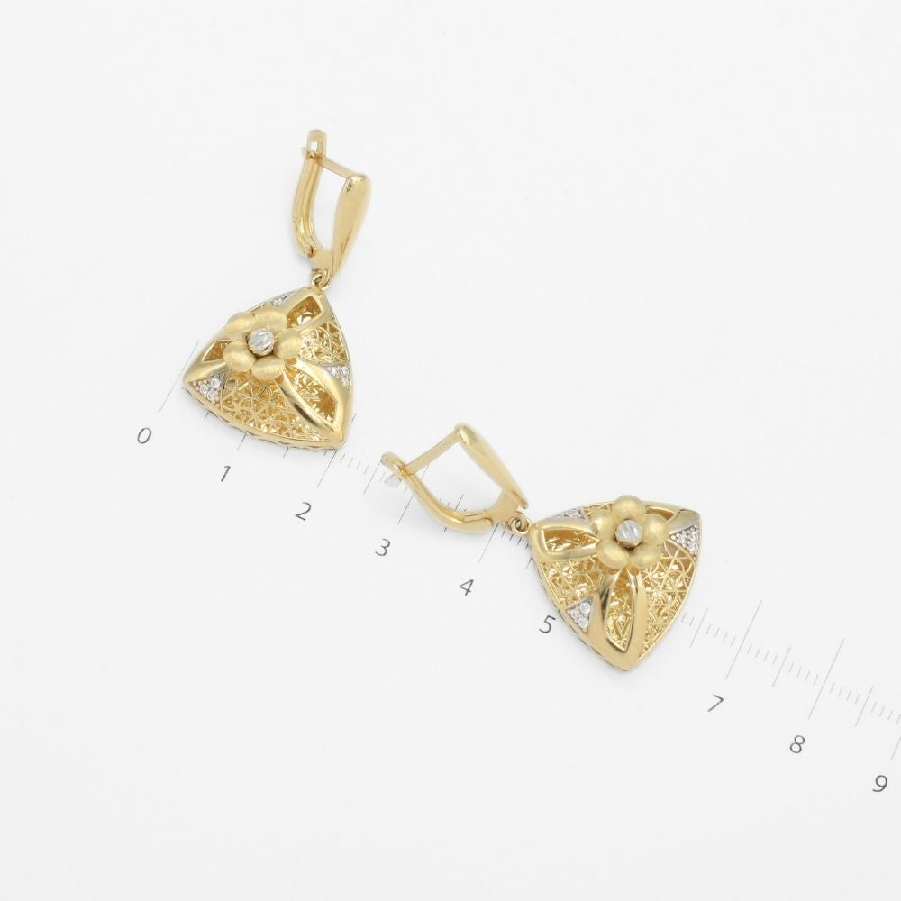 Coordinado de Oro 14k Diseño Plus Modelo Elegante Triángulo de Flor Brillante con Zirconias mod. 9667
