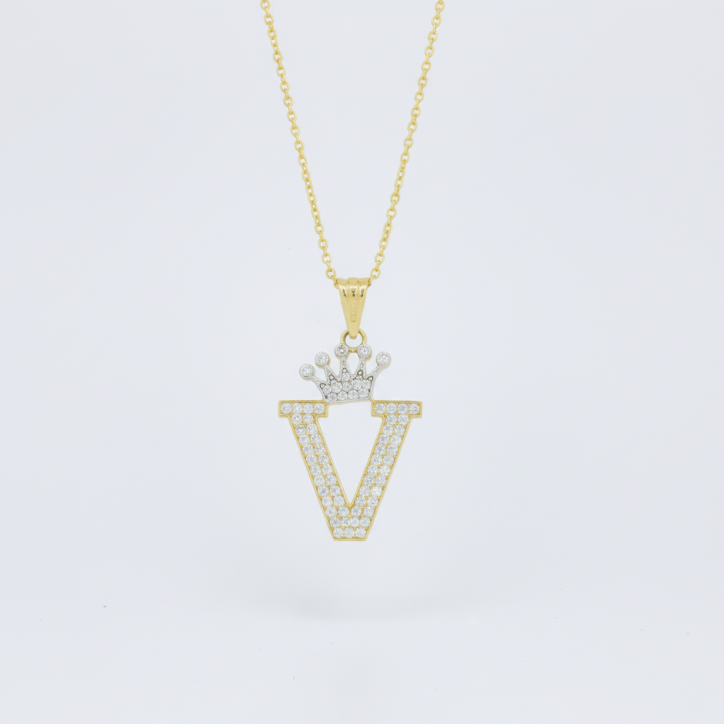 Dije de Oro 14k con Diseño de Inicial V Incrustada con Zirconias mod. 10096