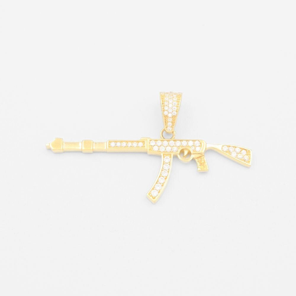 Dije de Oro 14k Diseño de Arma Larga Incrustada de Zirconias mod. 9441