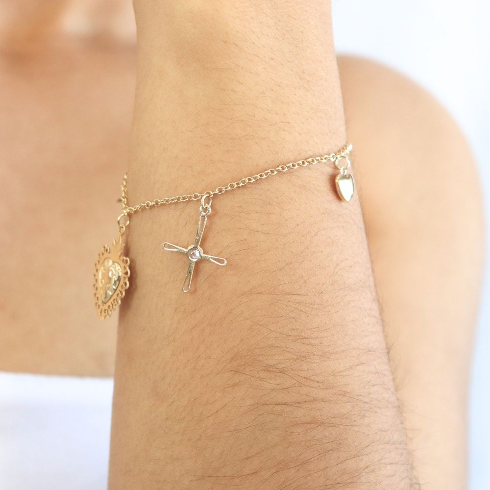 Pulsera de Oro 14k con Sagrado Corazón y Cruz con Zirconia mod. 8131