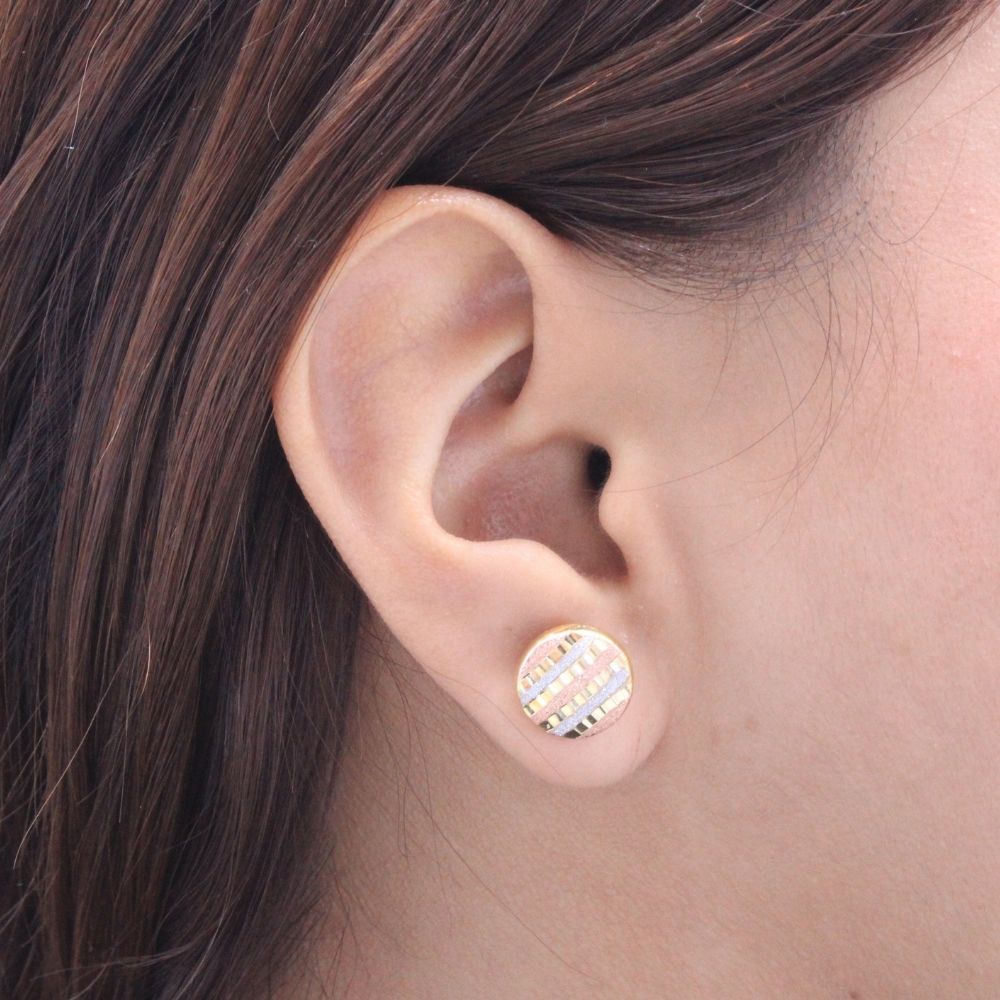 Arete de Oro 14k Circular Hueco con Diseño Diamantado Intercalado con Mate Brillante mod. 8613