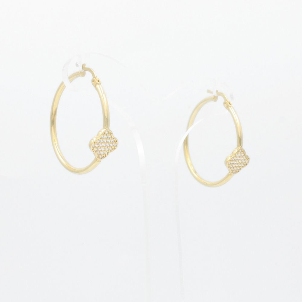 Arracada de Oro 14k Tubular Hueca con Trébol de Zirconias Finas mod. 8755