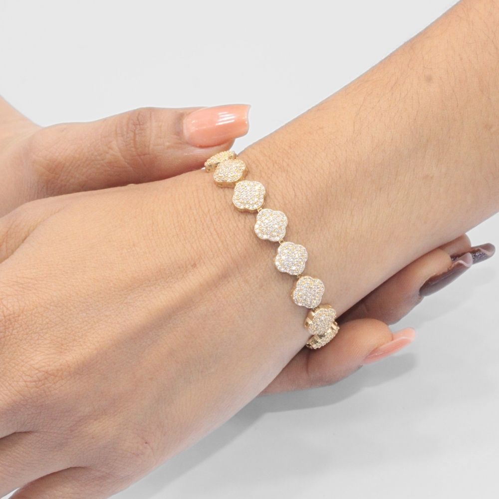 Pulsera de Oro 14k Hueca con Eslabones de Flores Incrustados de Zirconias Brillantes mod. 8141