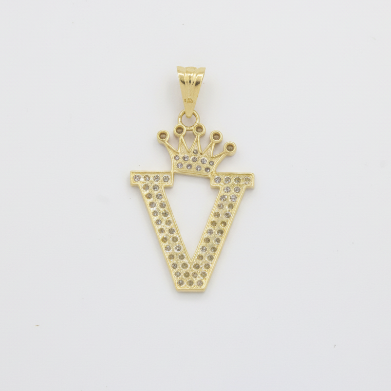 Dije de Oro 14k con Diseño de Inicial V Incrustada con Zirconias mod. 10096