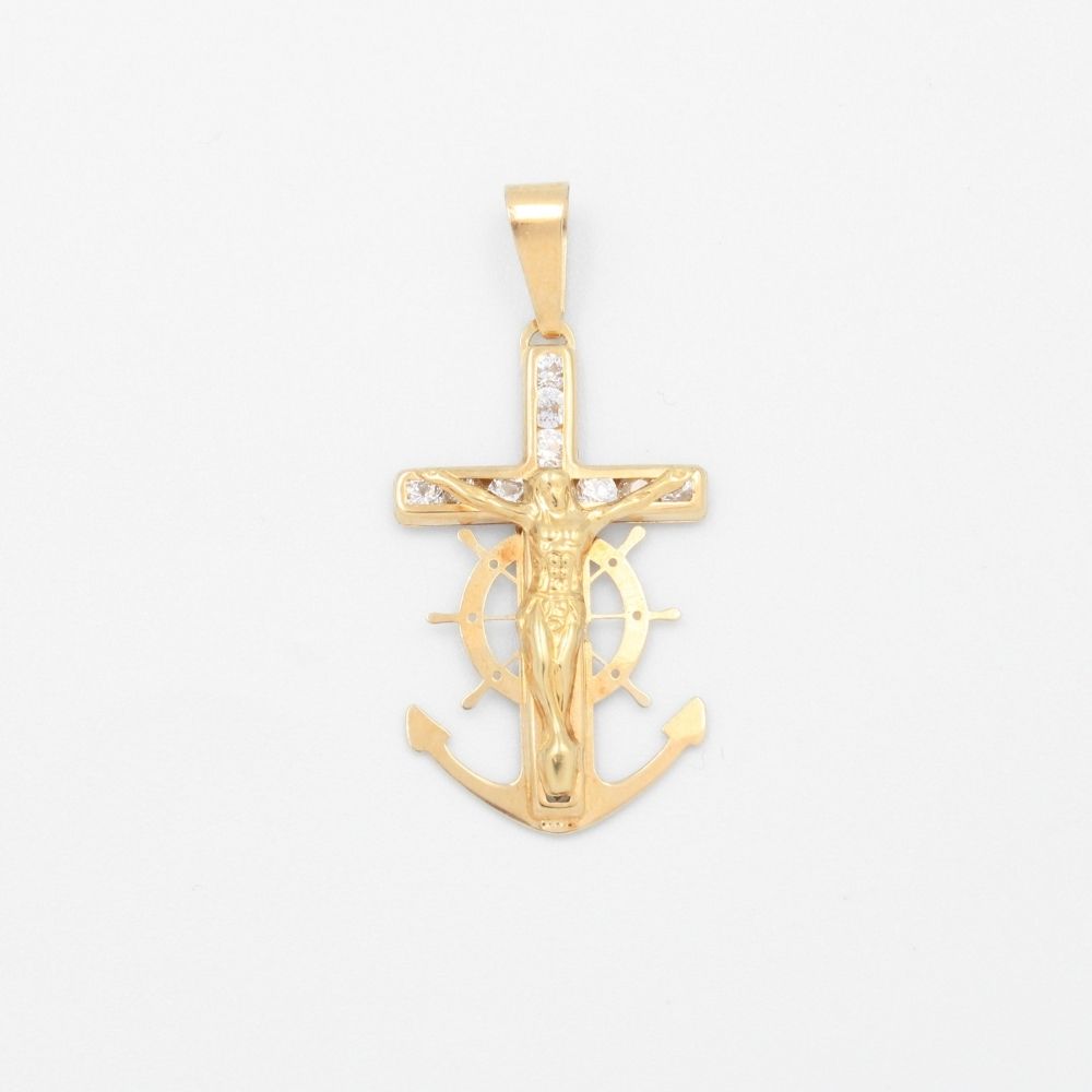 Dije de Oro 14k Diseño de Ancla con Cristo Brillante con Zirconias  mod. 9483