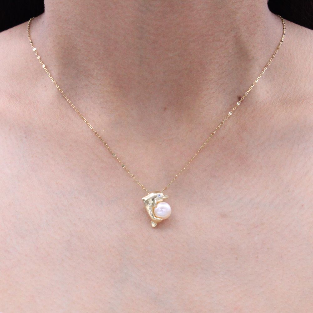 Gargantilla de Oro 14k Delfín con Perla Rosa mod. 8949
