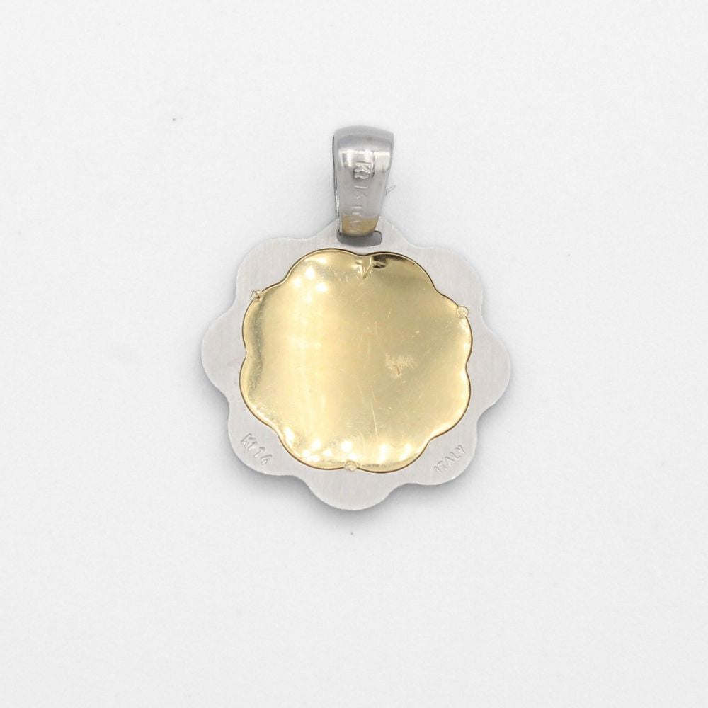 Medalla de Oro 14k Diseño de Flor en 2 Colores Brillantes con la Imagen de la Virgen Milagrosa mod. 9853
