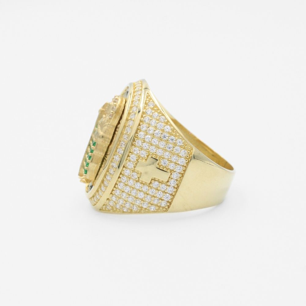 Anillo de Oro 14k Diseño de Frente Oval Incrustado con Zirconias y Figura de San Judas en Diamantado mod. 9719