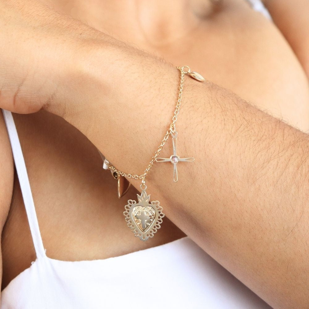 Pulsera de Oro 14k con Sagrado Corazón y Cruz con Zirconia mod. 8131