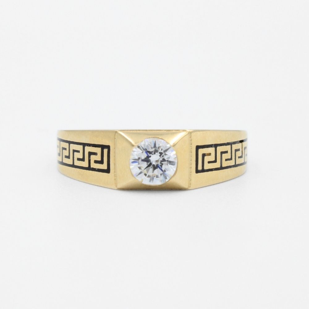 Anillo de Oro 14k Diseño Delgado con Grecas Oscuras y Zirconia Brillante mod. 7436