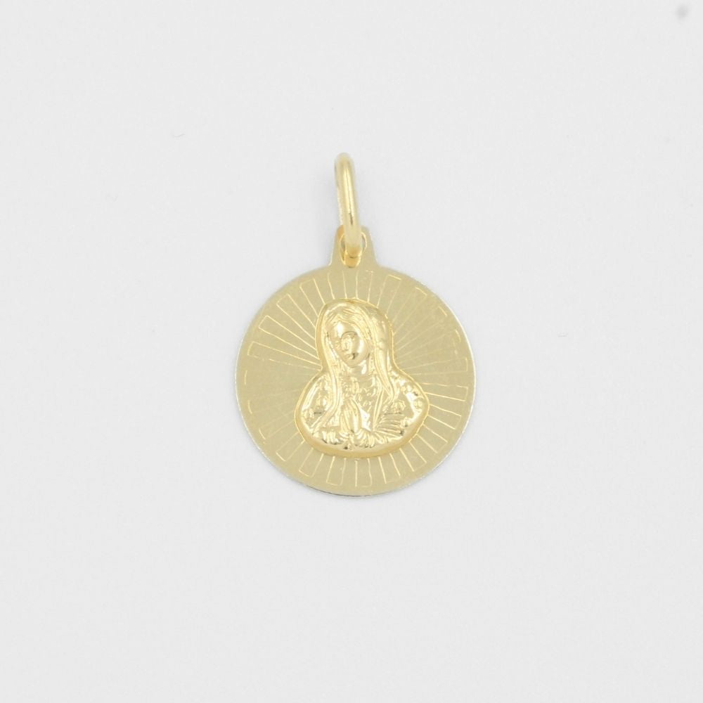 Medalla de Oro 14k Virgen Guadalupe Redonda con Resplandor de Grabado Fino mod. 8030