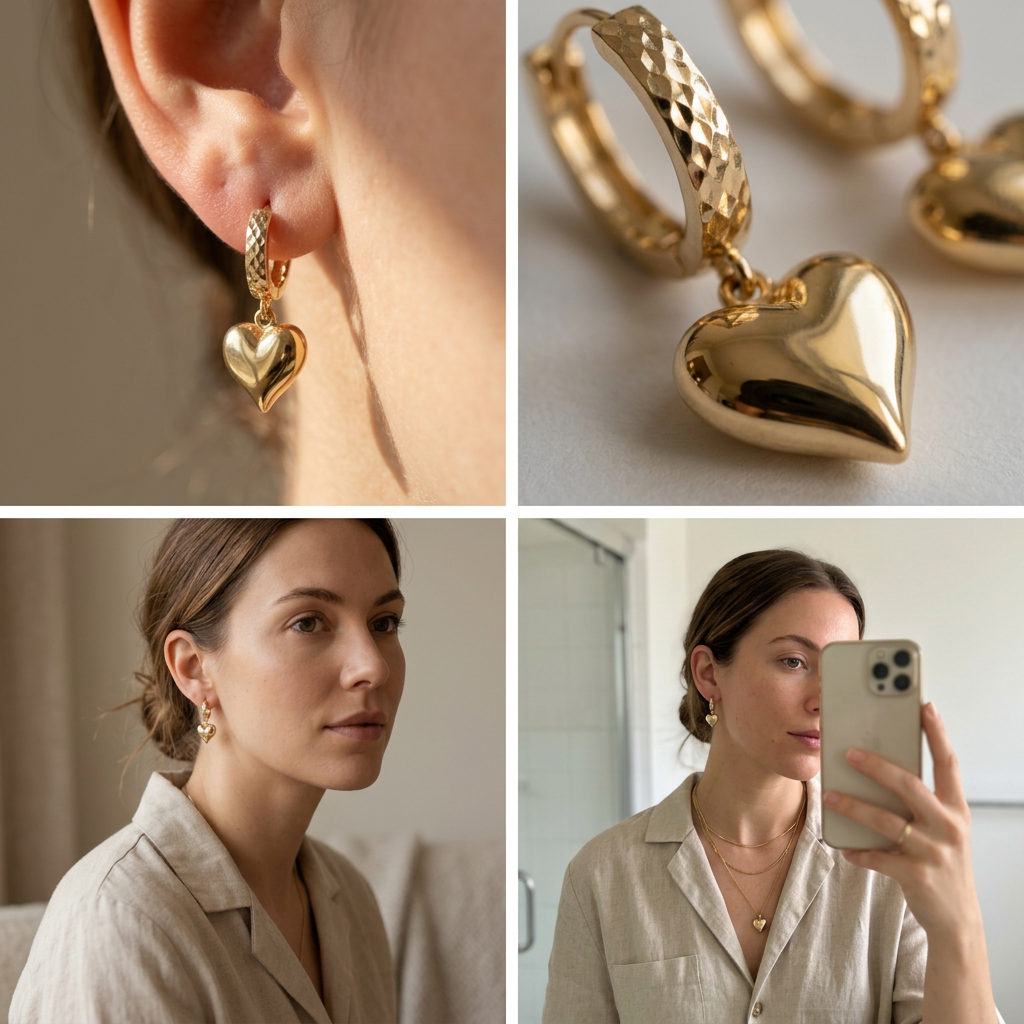 Grapa Larga de Oro 14k Corazones Inflados Lisos mod. 11237