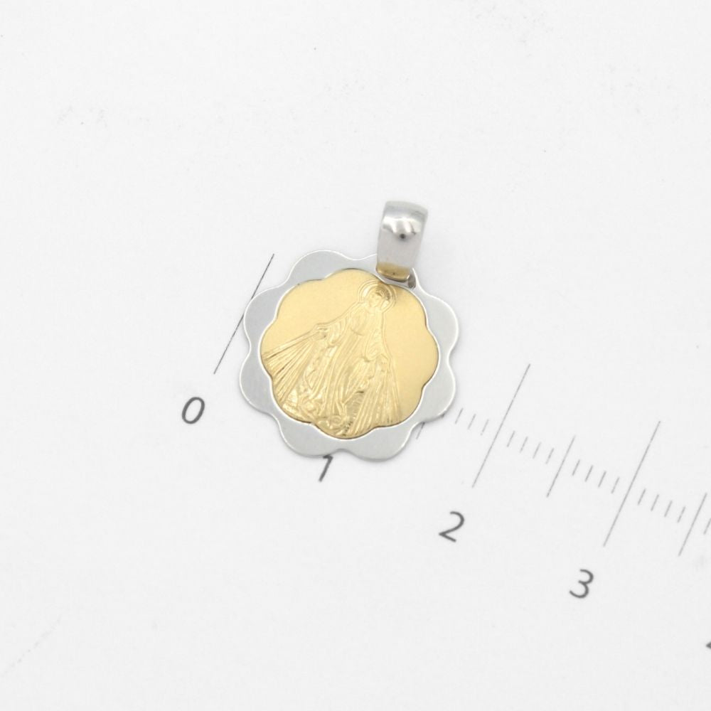 Medalla de Oro 14k Diseño de Flor en 2 Colores Brillantes con la Imagen de la Virgen Milagrosa mod. 9853