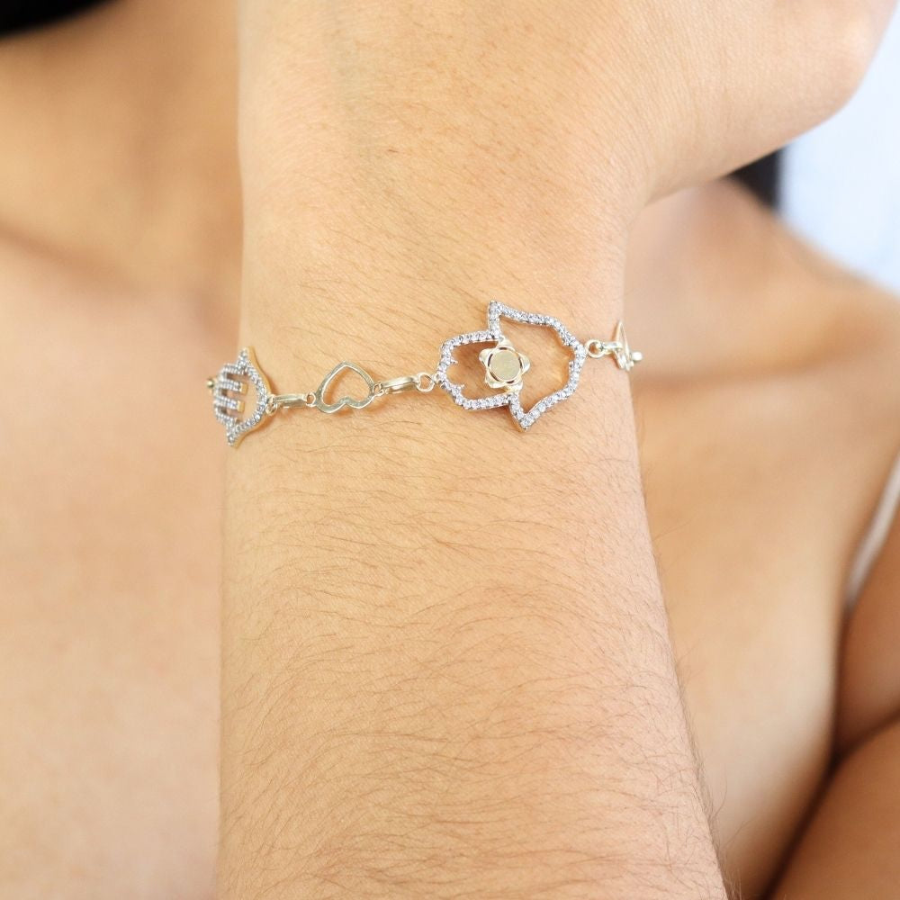 Pulsera de Oro 14k con Manos de Fátima y Zirconias mod. 3896