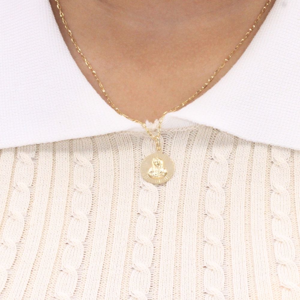 Medalla de Oro 14k Virgen Guadalupe Redonda con Resplandor de Grabado Fino mod. 8030
