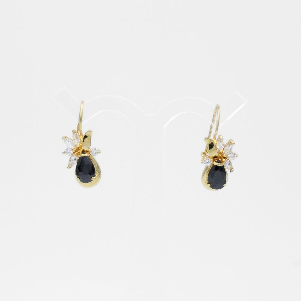 Arete con Broche Arillo de Oro 14k Flor Especial con Zirconias Principal Color Negro Profundo mod. 9768