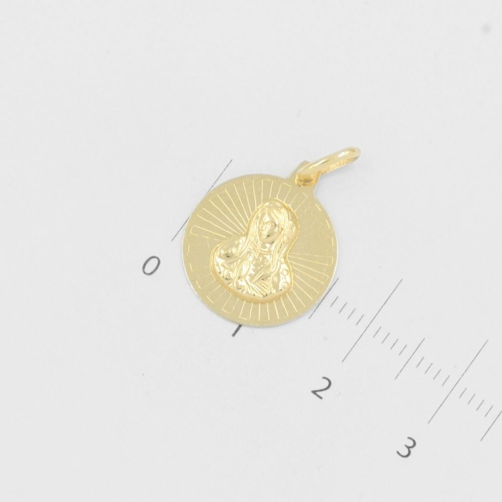 Medalla de Oro 14k Virgen Guadalupe Redonda con Resplandor de Grabado Fino mod. 8030