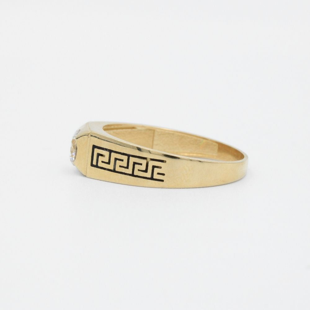 Anillo de Oro 14k Diseño Delgado con Grecas Oscuras y Zirconia Brillante mod. 7436