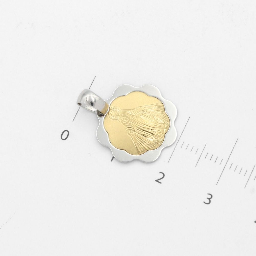 Medalla de Oro 14k Diseño de Flor en 2 Colores Brillantes con la Imagen de la Virgen Milagrosa mod. 9853