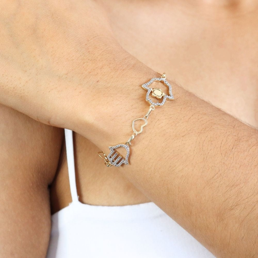 Pulsera de Oro 14k con Manos de Fátima y Zirconias mod. 3896